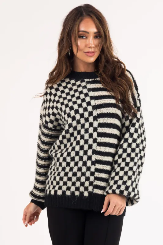 Black Checkered and Striped Fuzzy Knit Sweater made by Blu Pepper