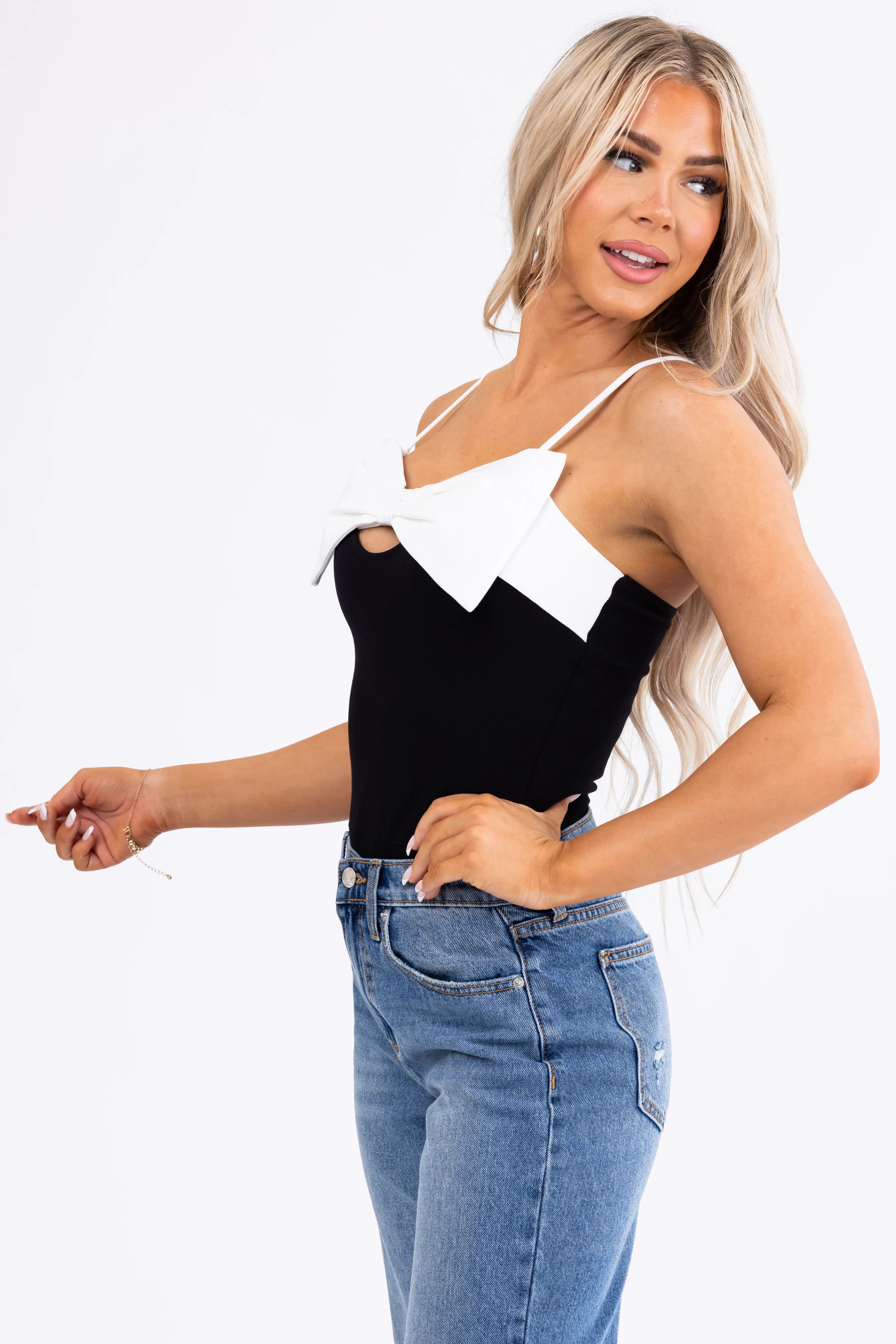 Black Spaghetti Strap Bodysuit with White Bow sold by Lime Lush product image thumbnail 4