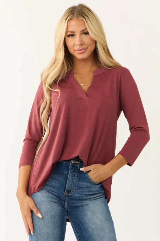 Marsala 3/4 Sleeve V Neck Textured Top sold by Lime Lush