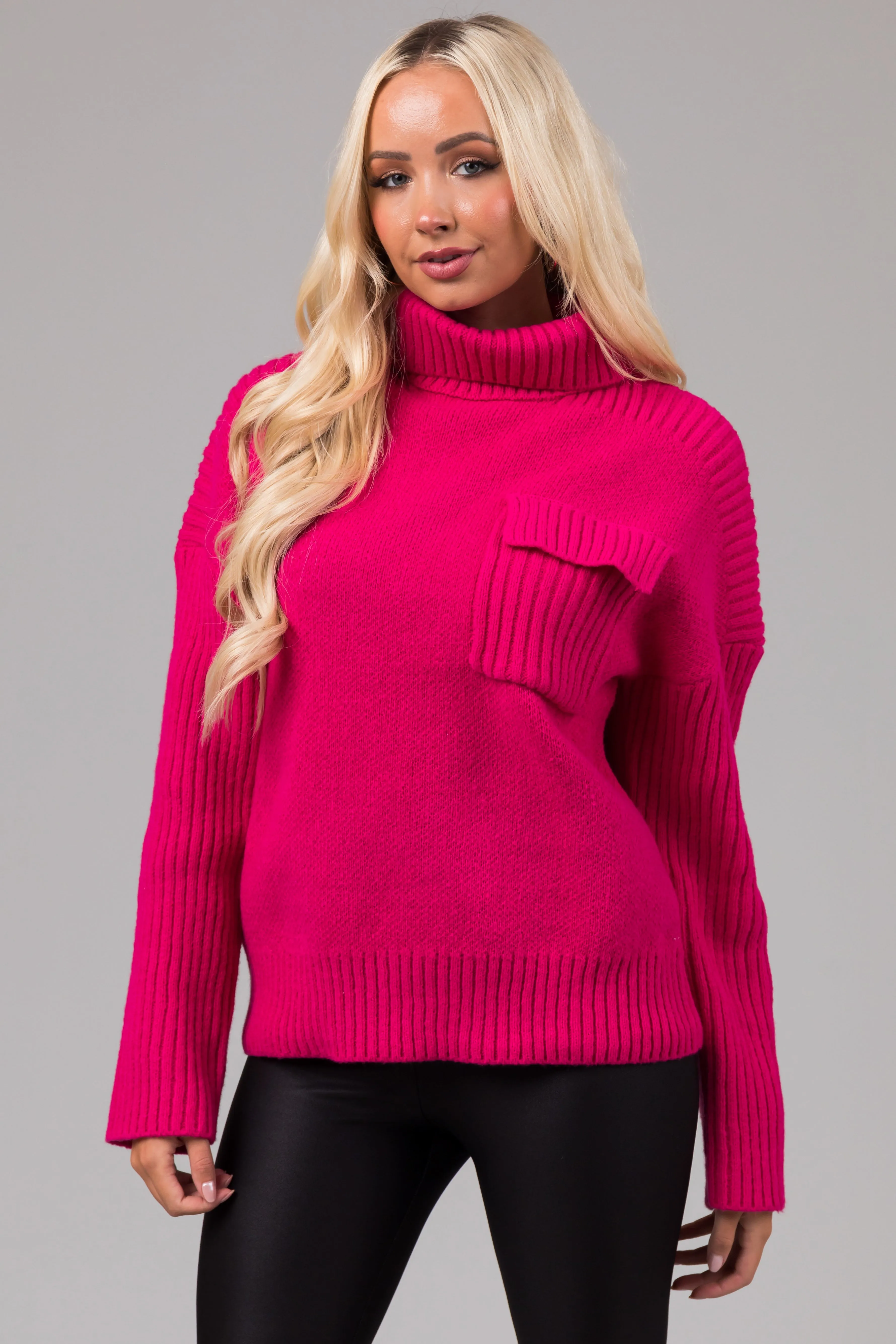 Magenta Thick Ribbed Knit Turtleneck Sweater sold by Lime Lush