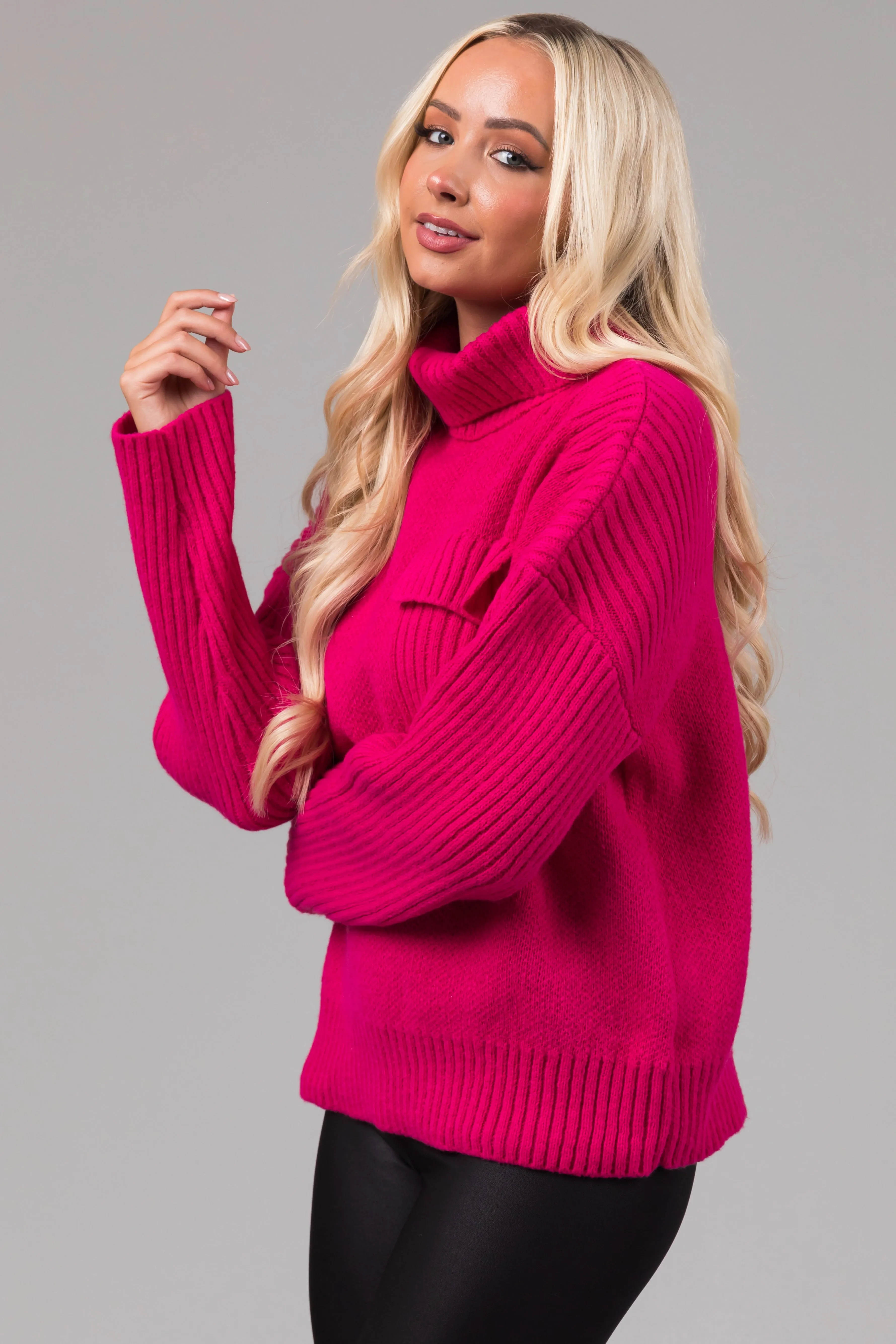 Magenta Thick Ribbed Knit Turtleneck Sweater sold by Lime Lush product image thumbnail 5