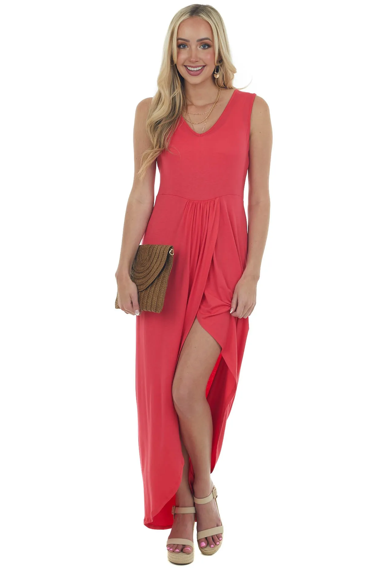 Watermelon Drop Waist Sleeveless Maxi Dress with Side Slit sold by Lime Lush