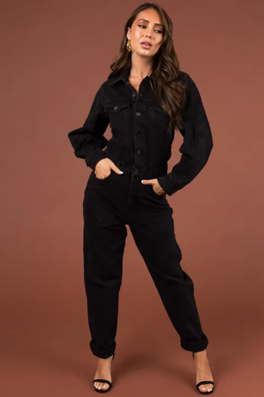 Black Button Up Long Sleeve Denim Jumpsuit sold by Lime Lush