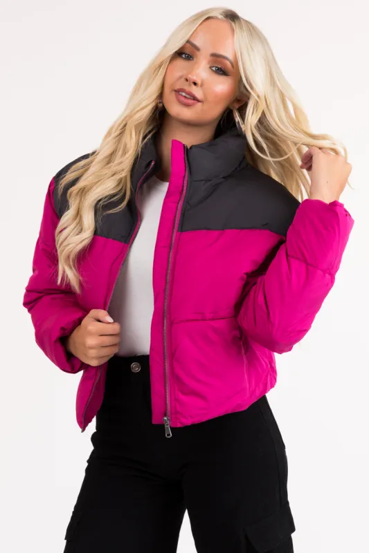Magenta Colorblock Front Zip Up Puffer Jacket sold by Lime Lush
