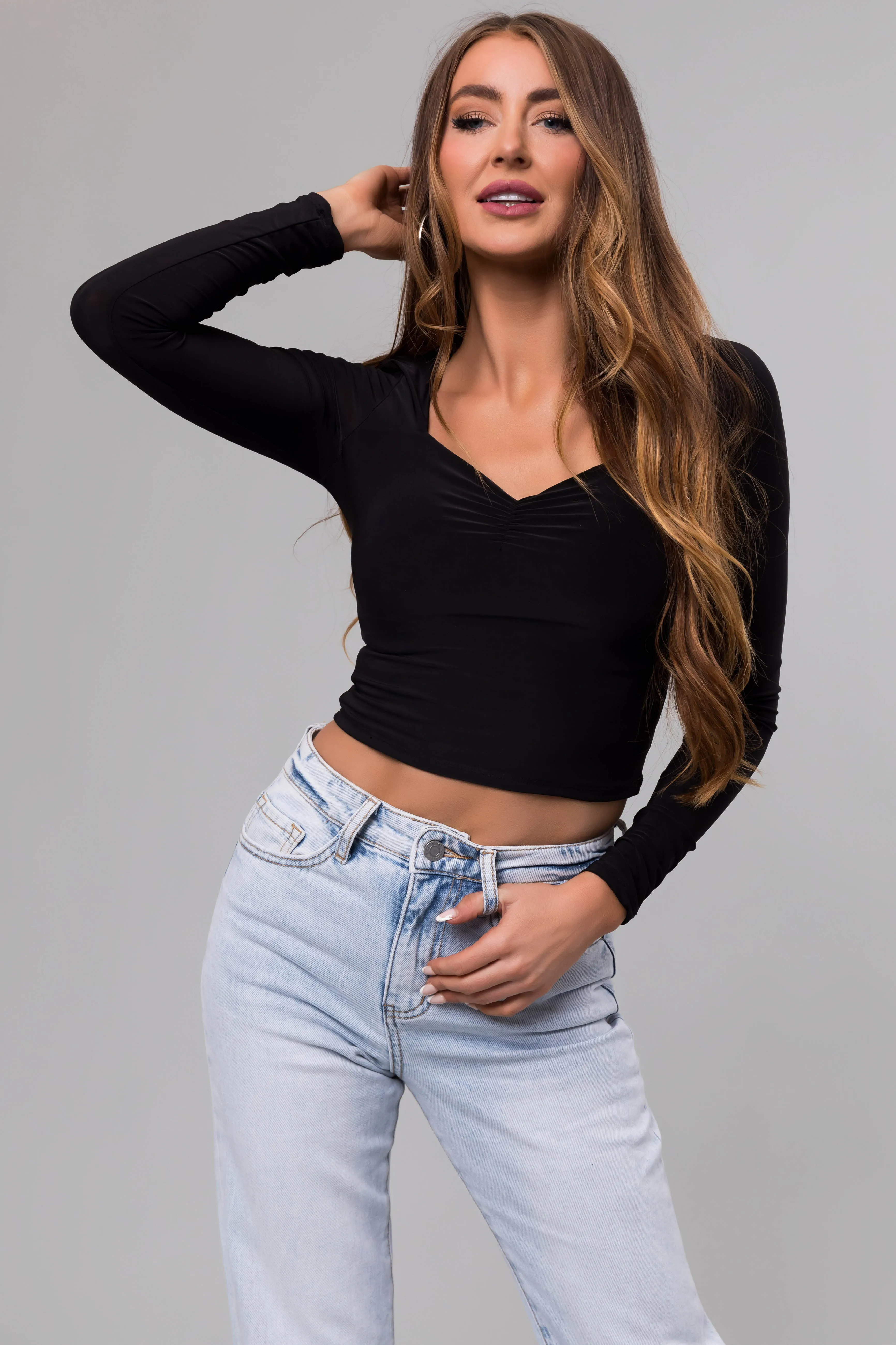 Black Sweetheart Neck Long Sleeve Crop Top sold by Lime Lush product image thumbnail 2