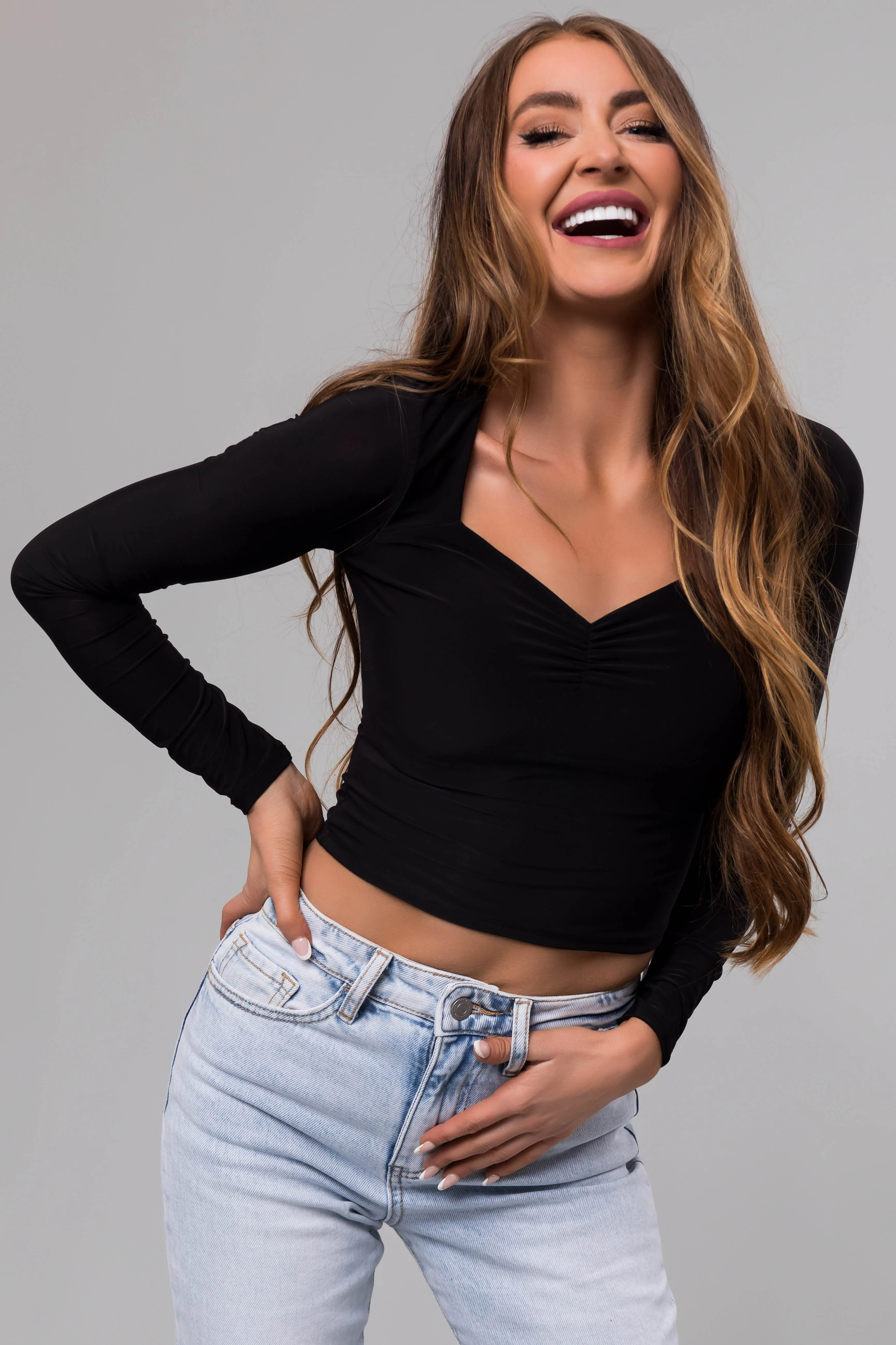 Black Sweetheart Neck Long Sleeve Crop Top sold by Lime Lush