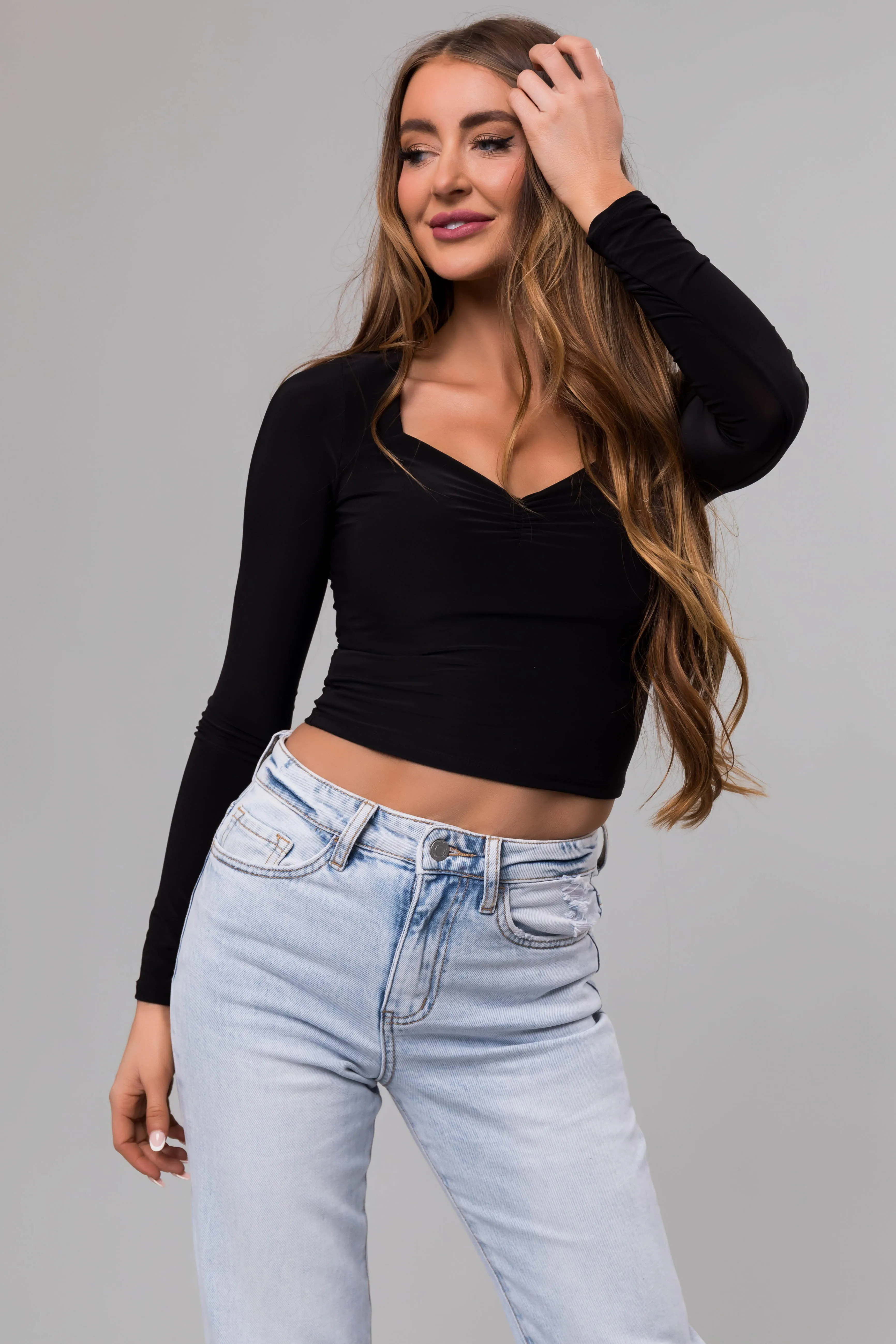 Black Sweetheart Neck Long Sleeve Crop Top sold by Lime Lush product image thumbnail 3