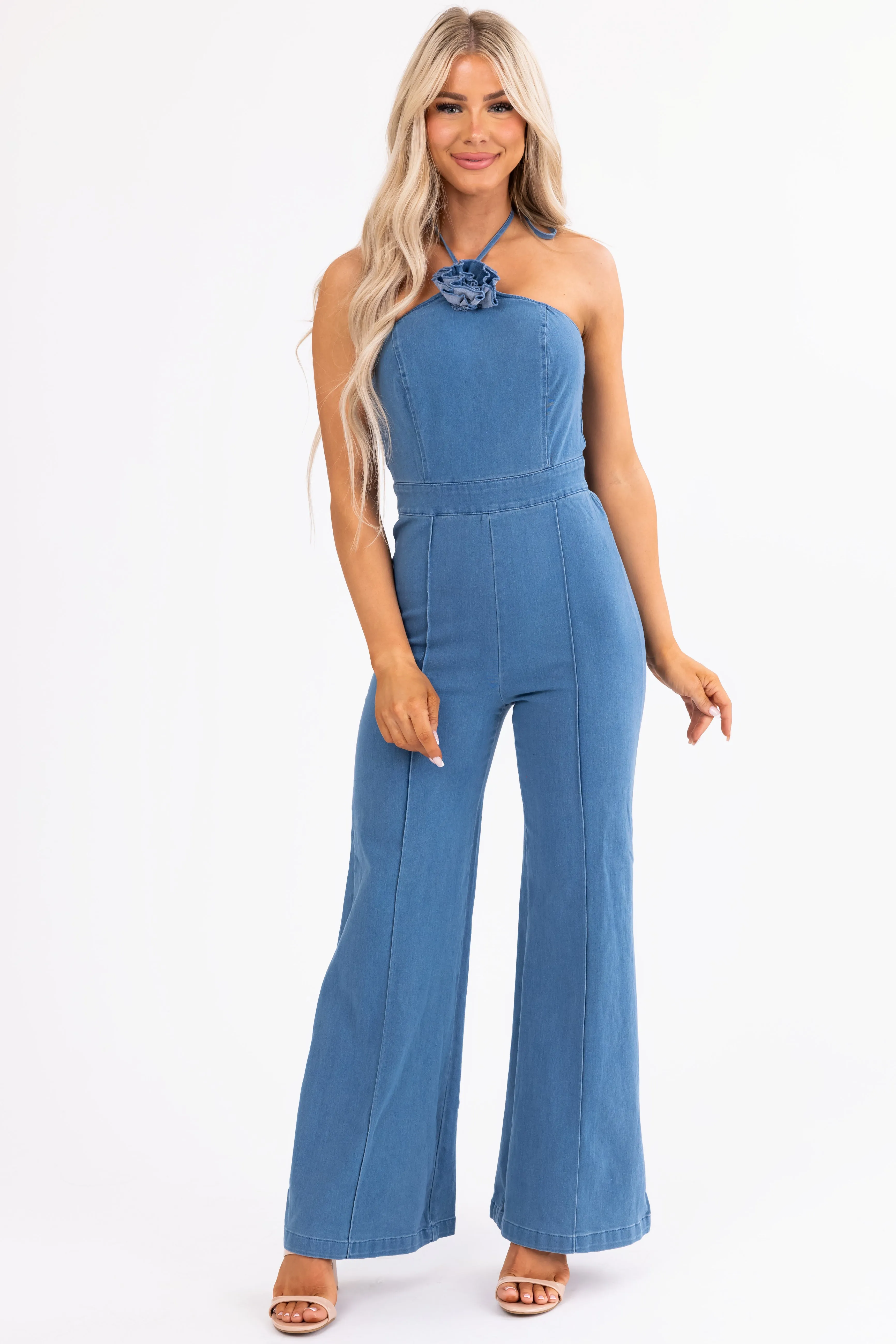 Flying Tomato Medium Wash Halter Neck Jumpsuit sold by Lime Lush