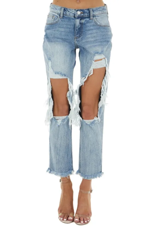 Cello Medium Wash Mid Rise Distressed Jeans with Frayed Detail sold by Lime Lush