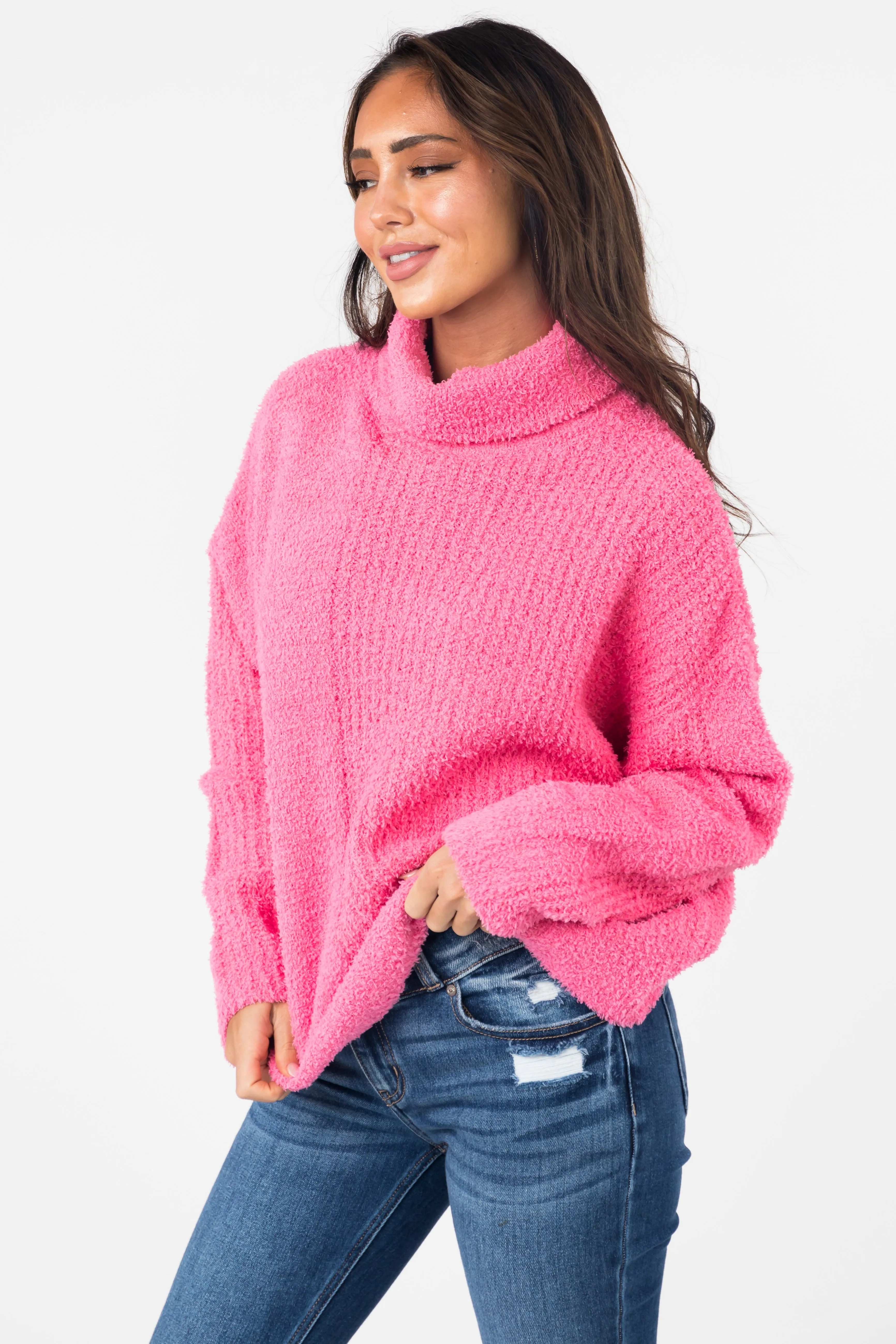 She+Sky Punch Pink Textured Long Sleeve Turtleneck Sweater sold by Lime Lush product image thumbnail 4