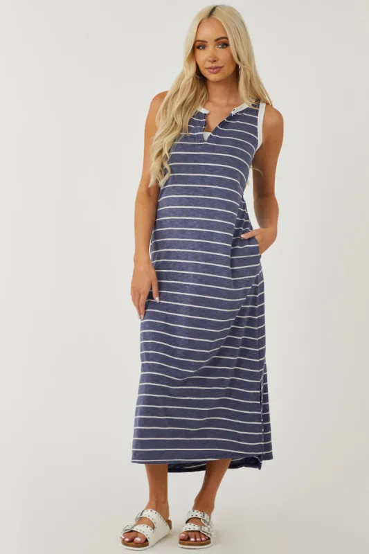 Heathered Navy Striped Notch Neck Midi Dress sold by Lime Lush