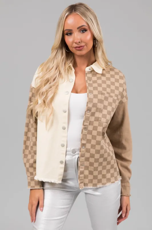 Taupe Checkered Contrast Button Down Shacket sold by Lime Lush