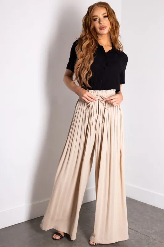 Flying Tomato Almond Pleated Wide Leg Woven Pants sold by Lime Lush