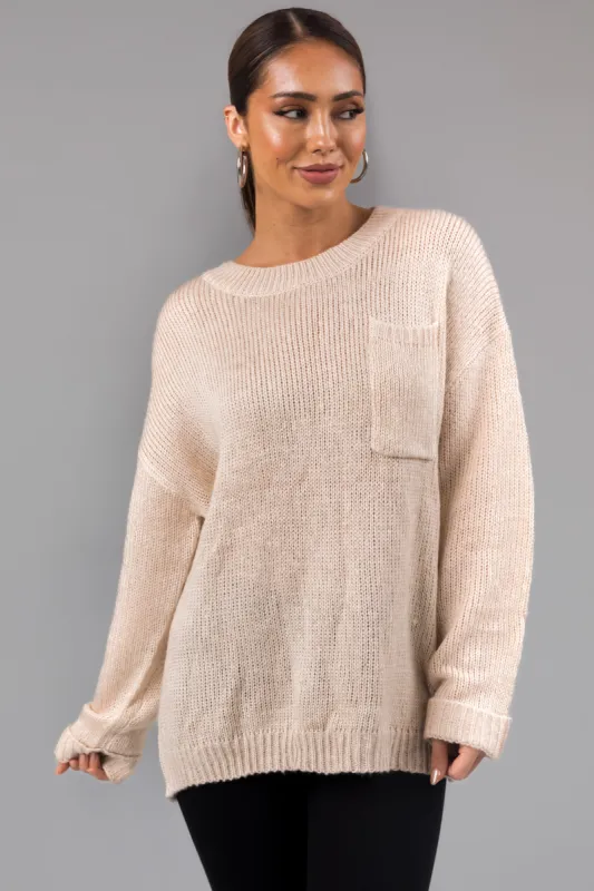 Oatmeal Chest Pocket Cuffed Sleeve Sweater sold by Lime Lush