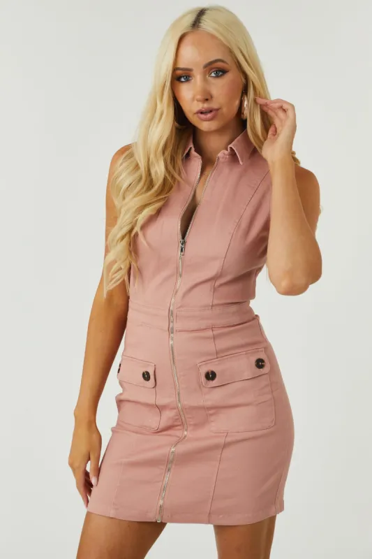 Apricot Collared Zip Front Sleeveless Denim Dress sold by Lime Lush