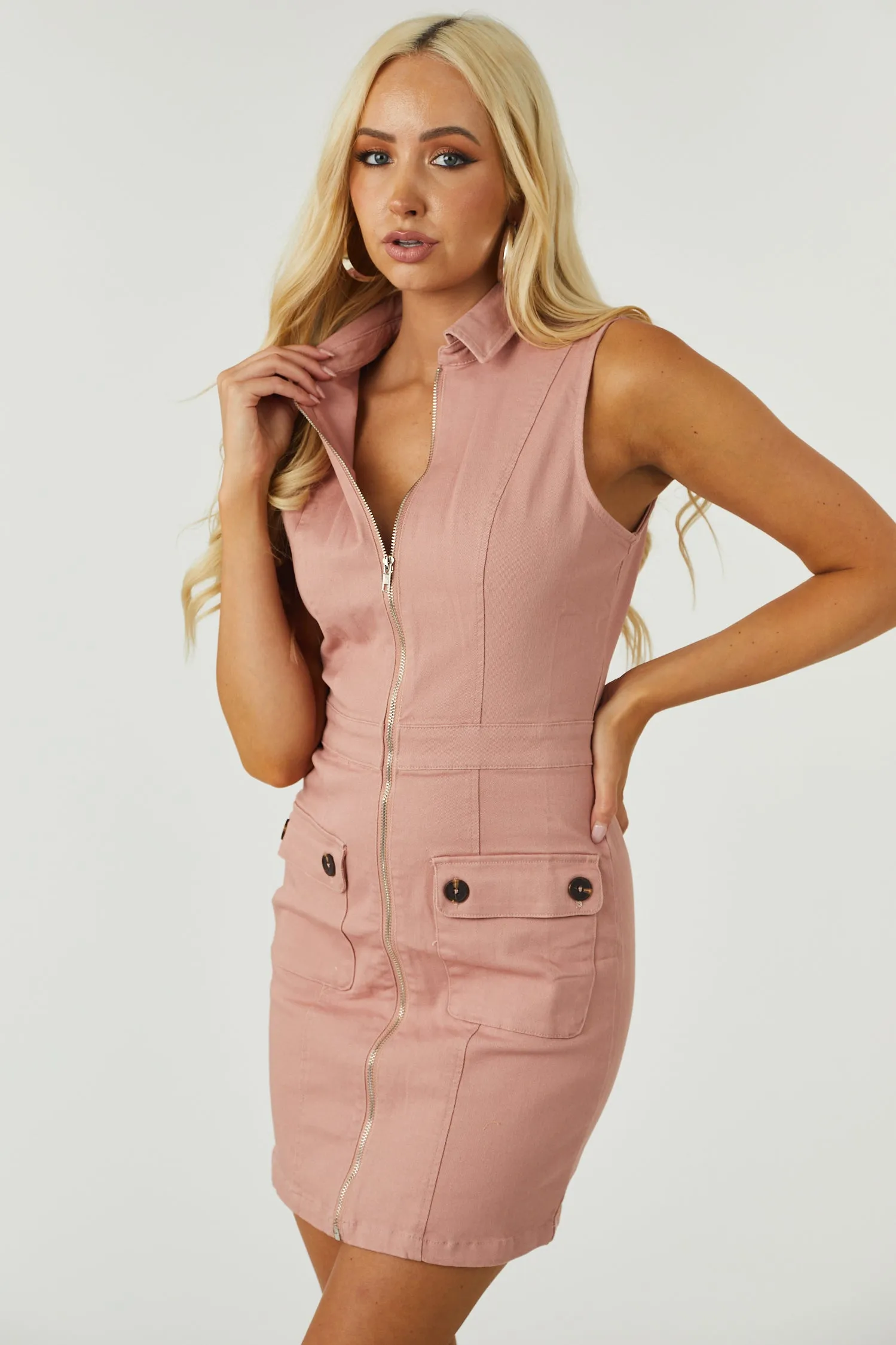 Apricot Collared Zip Front Sleeveless Denim Dress sold by Lime Lush product image thumbnail 2