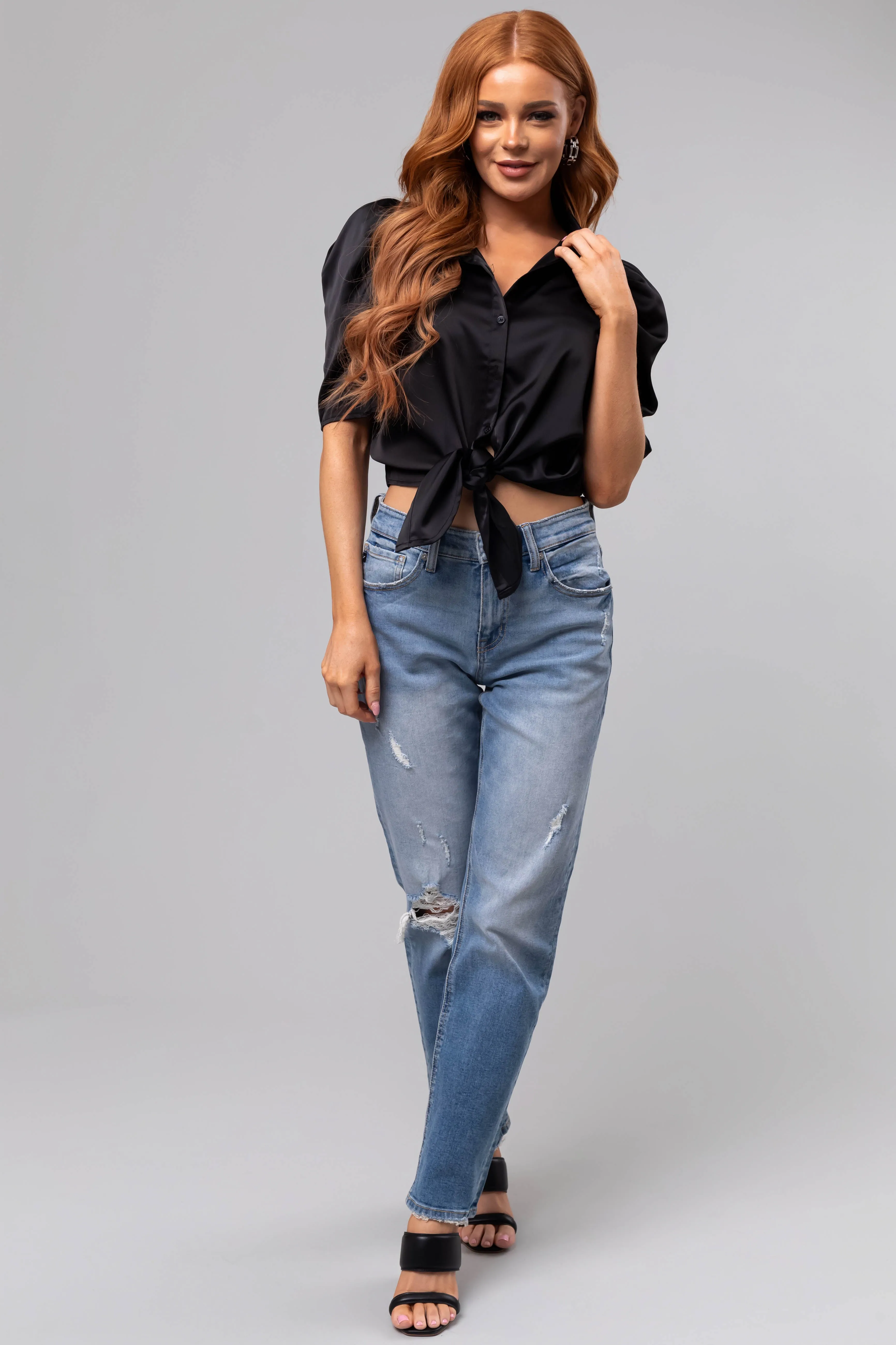 Black Half Sleeve Waist Tie Collared Shirt sold by Lime Lush product image thumbnail 3