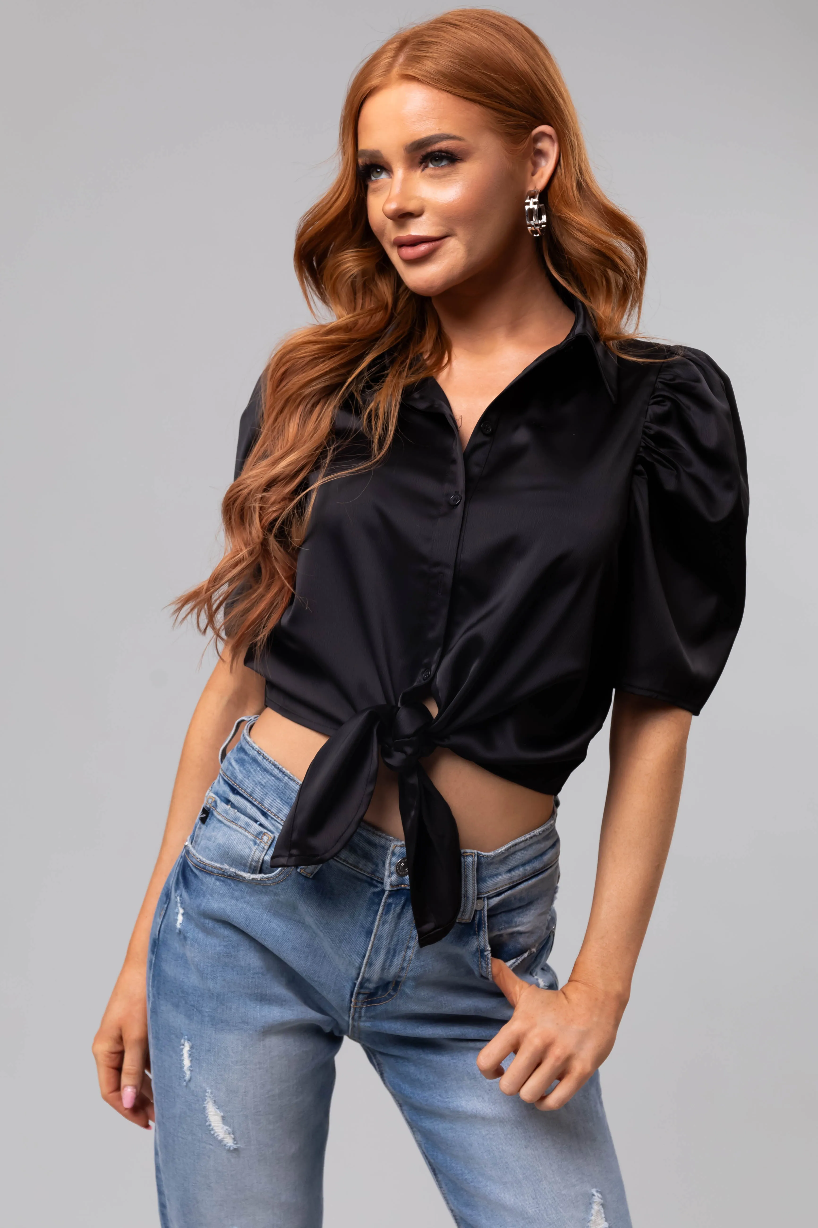 Black Half Sleeve Waist Tie Collared Shirt sold by Lime Lush product image thumbnail 4