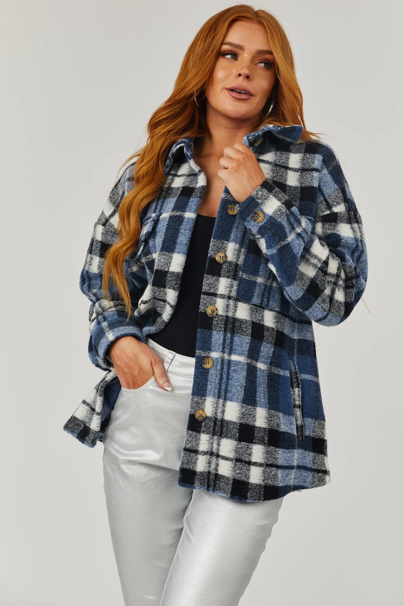 Ocean Plaid Super Soft Fuzzy Shacket sold by Lime Lush product image thumbnail 2