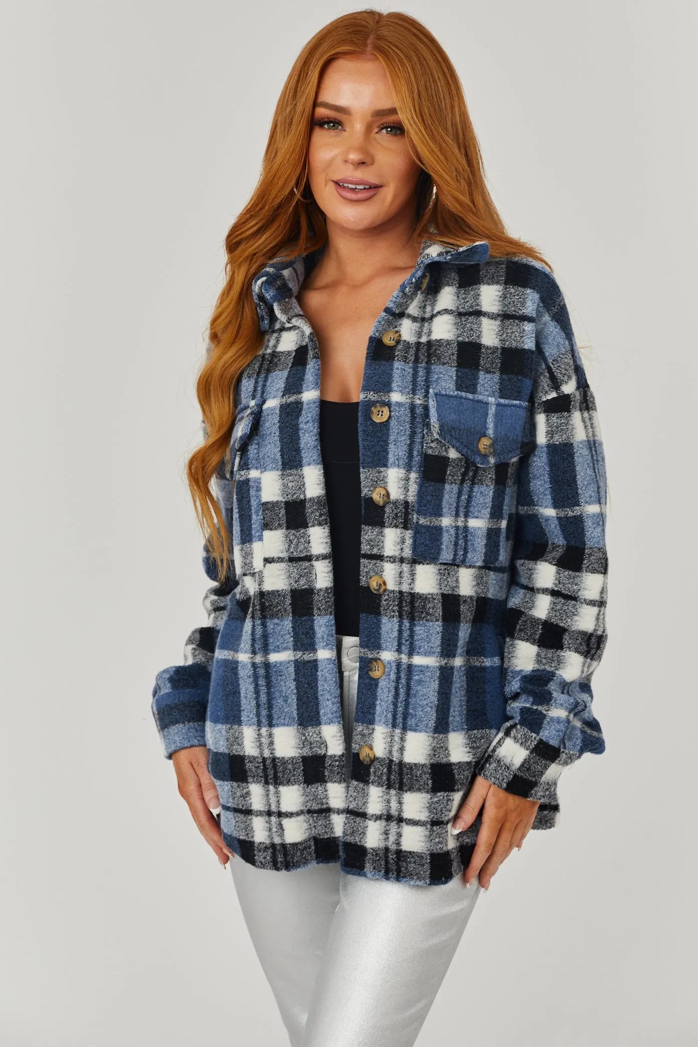 Ocean Plaid Super Soft Fuzzy Shacket sold by Lime Lush product image thumbnail 3