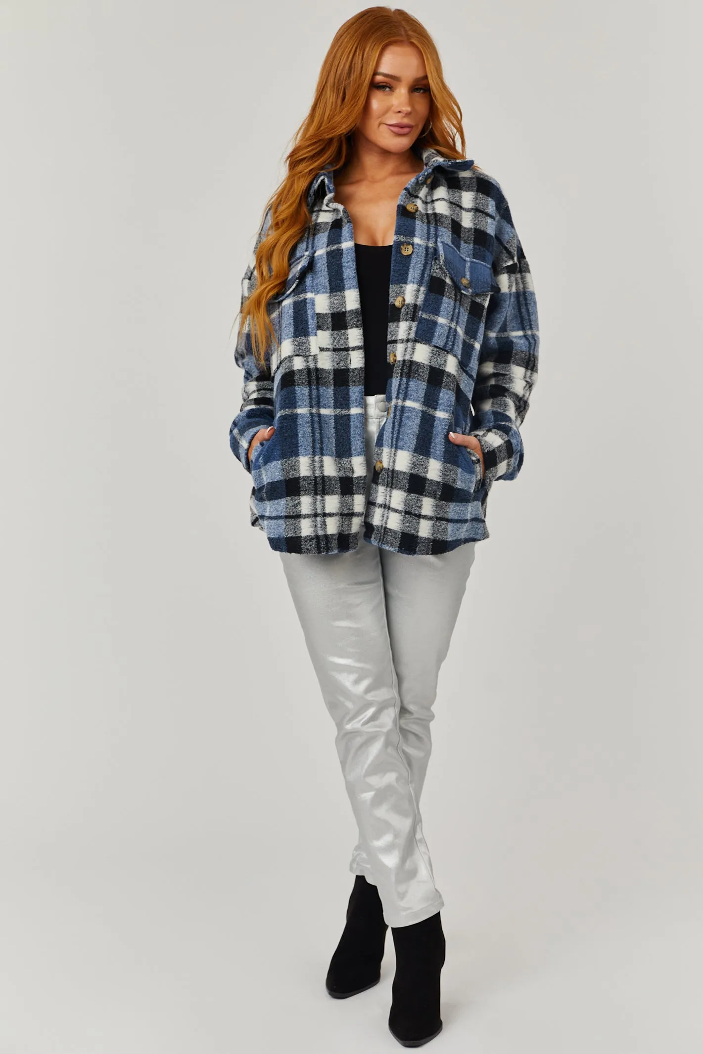 Ocean Plaid Super Soft Fuzzy Shacket sold by Lime Lush product image thumbnail 4