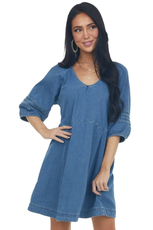 Dark Wash Pleated Puff Sleeve Denim Dress sold by Lime Lush