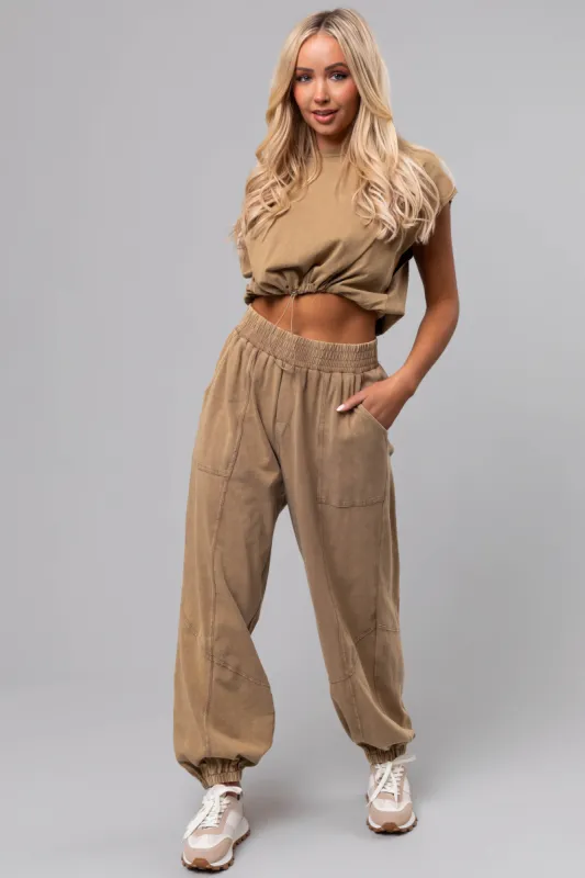 Peanut Mineral Wash Elastic Joggers sold by Lime Lush