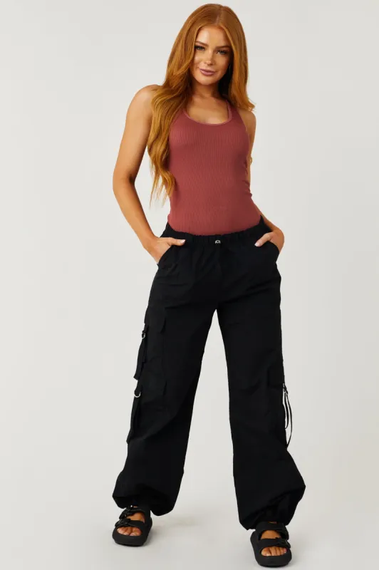 Black Cargo Pocket Drawstring Parachute Pants sold by Lime Lush