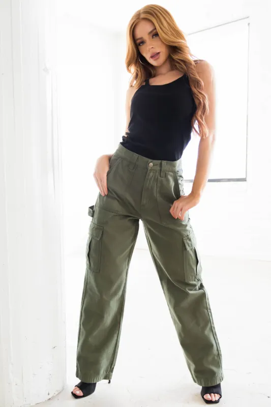 Cello Army Green High Rise Carpenter Jeans sold by Lime Lush