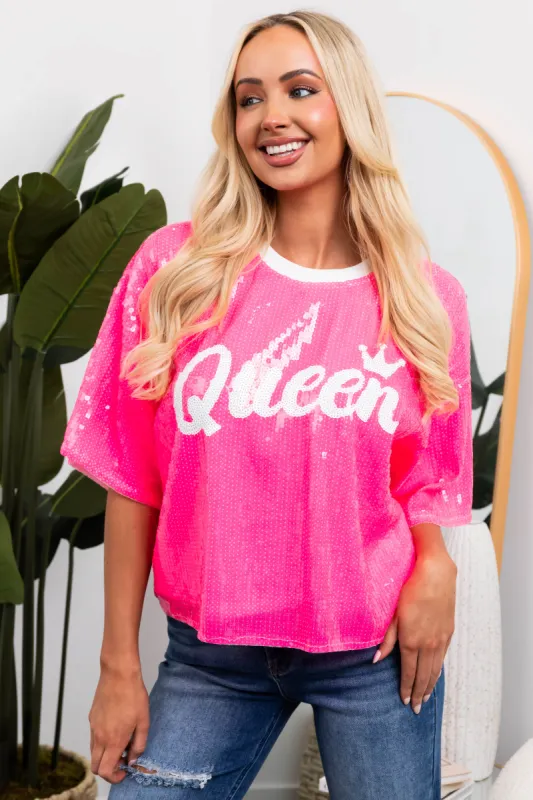 Neon Hot Pink 'Queen' Sequined Half Sleeve Top sold by Lime Lush