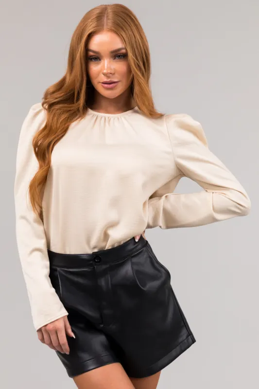 Beige Long Pleated Puff Sleeve Satin Blouse sold by Lime Lush