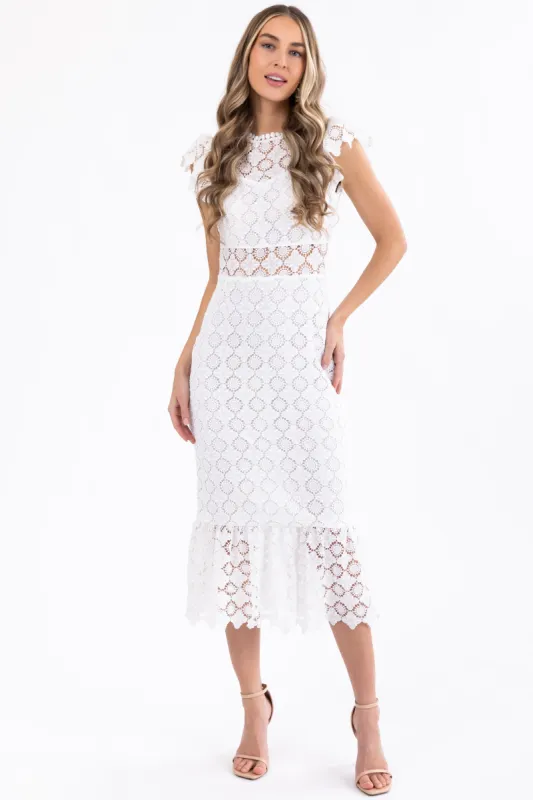 White Eyelet Lace Ruffle Hem Midi Dress sold by Lime Lush