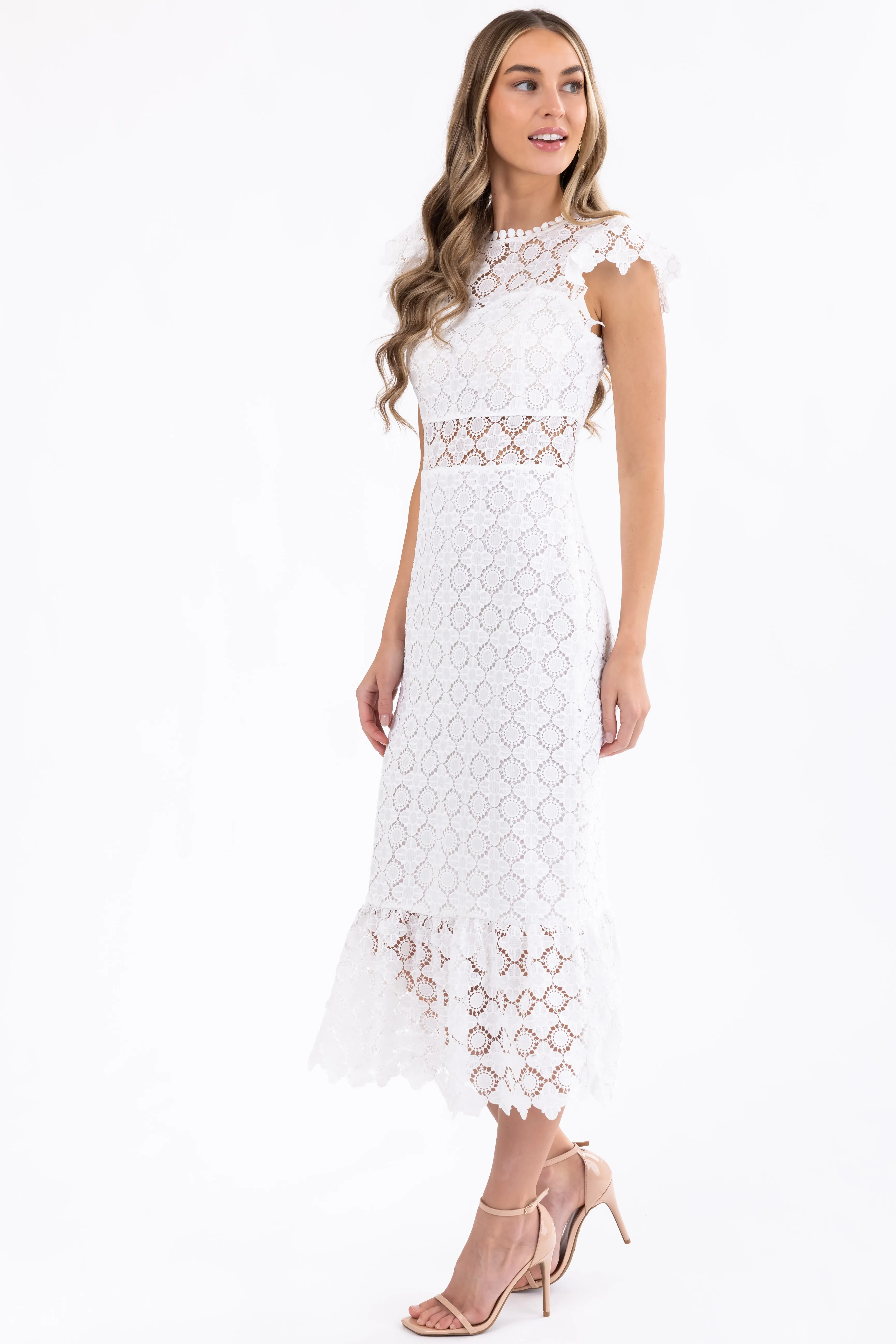 White Eyelet Lace Ruffle Hem Midi Dress sold by Lime Lush product image thumbnail 4