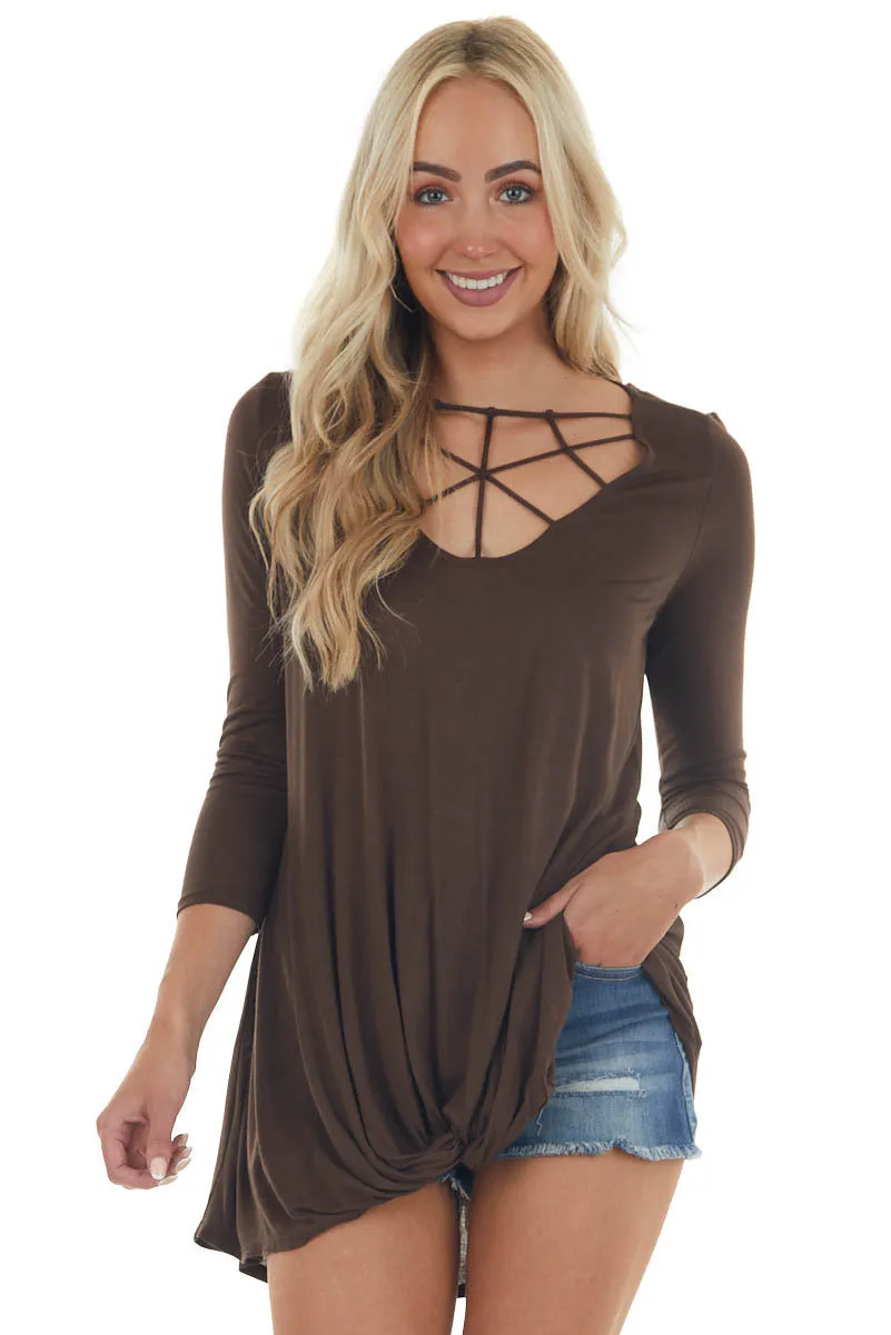 Chocolate Brown 3/4 Sleeve Knit Top with Caged Neckline sold by Lime Lush