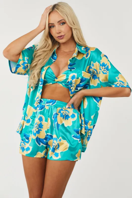 Jade Floral Satin Shirt and Shorts 3 Piece Set sold by Lime Lush