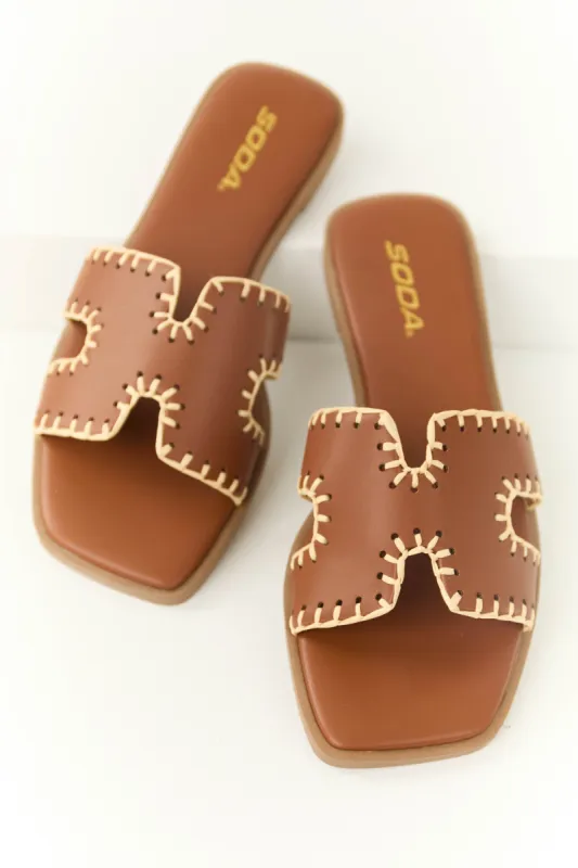 Sepia Straw Trim Cut Out Strap Slide Sandals sold by Lime Lush