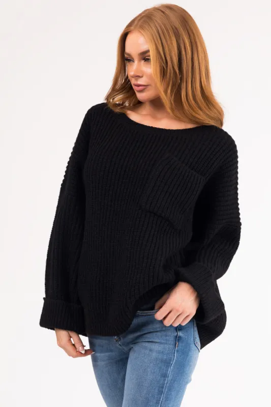 Black Oversized Chest Pocket Cozy Sweater sold by Lime Lush