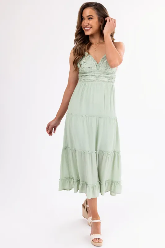 Sage Crochet Bodice Tiered Midi Dress sold by Lime Lush