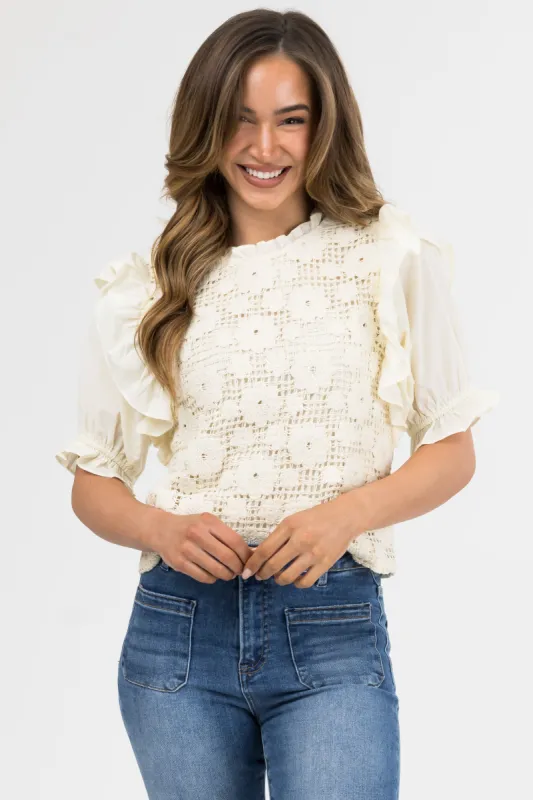 Cream Floral Crochet Ruffle Half Sleeve Top sold by Lime Lush