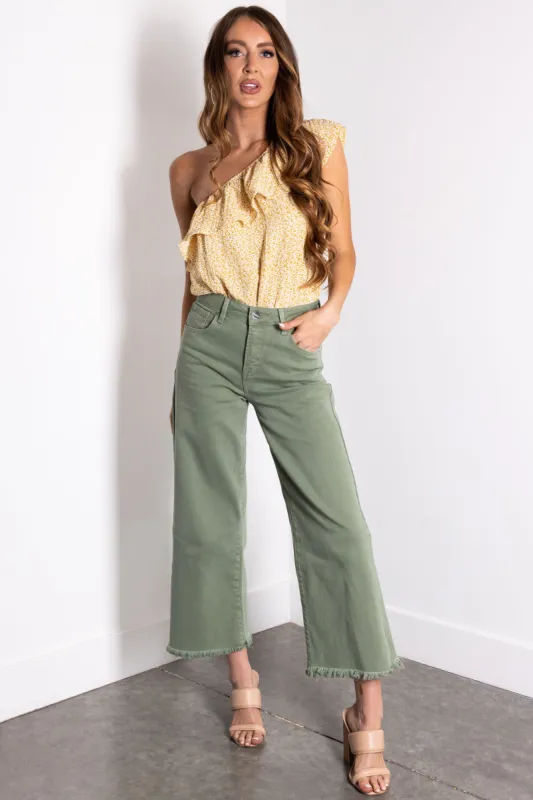 Risen Olive Tummy Control Cropped Wide Jeans sold by Lime Lush