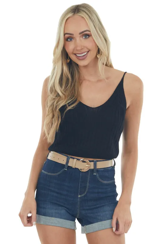 Black V Neck Ribbed Knit Cropped Tank Top sold by Lime Lush