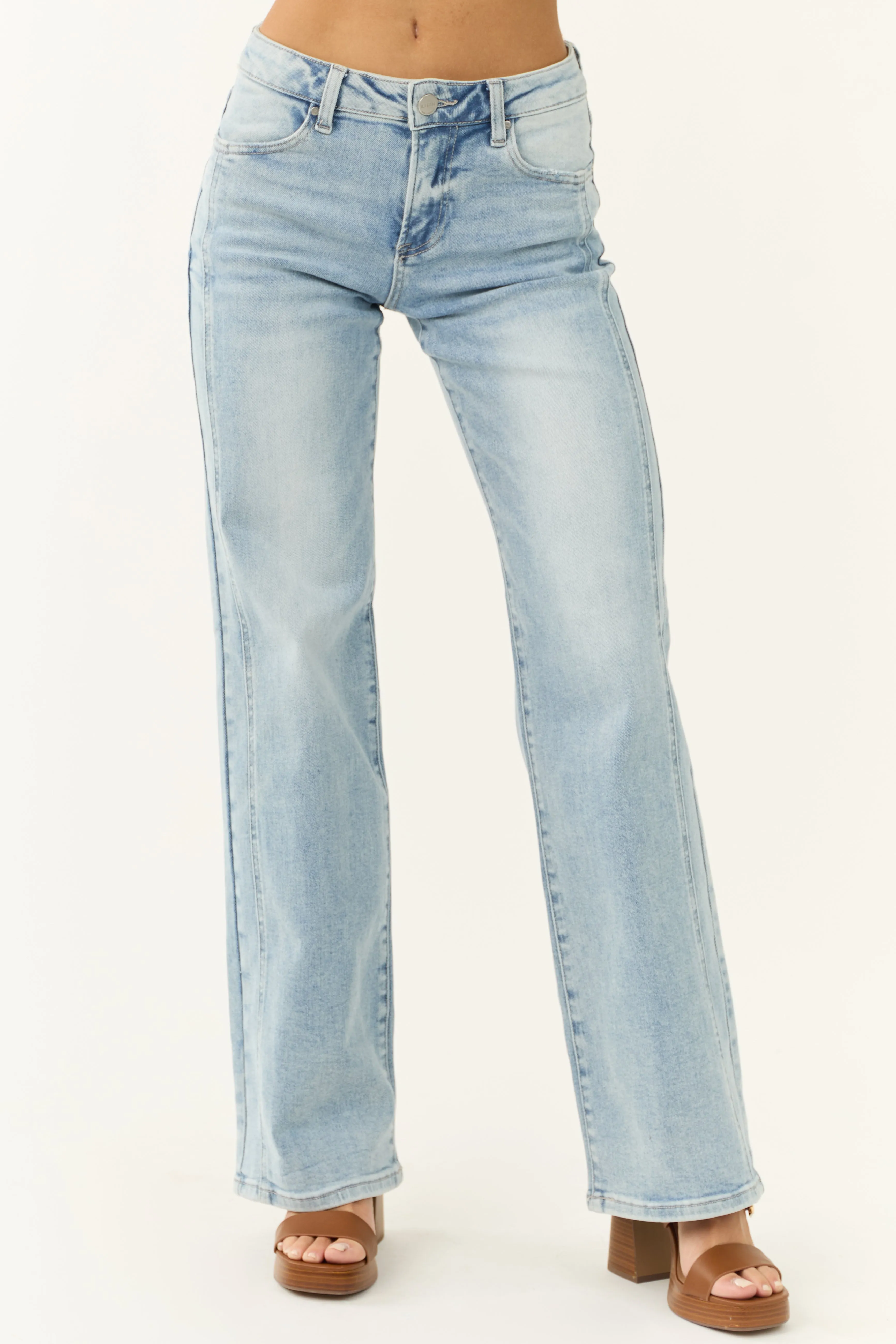 Risen Light Wash Mid Rise Straight Jeans sold by Lime Lush