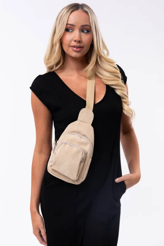 Sand Corduroy Double Pocket Cross Body Bag sold by Lime Lush