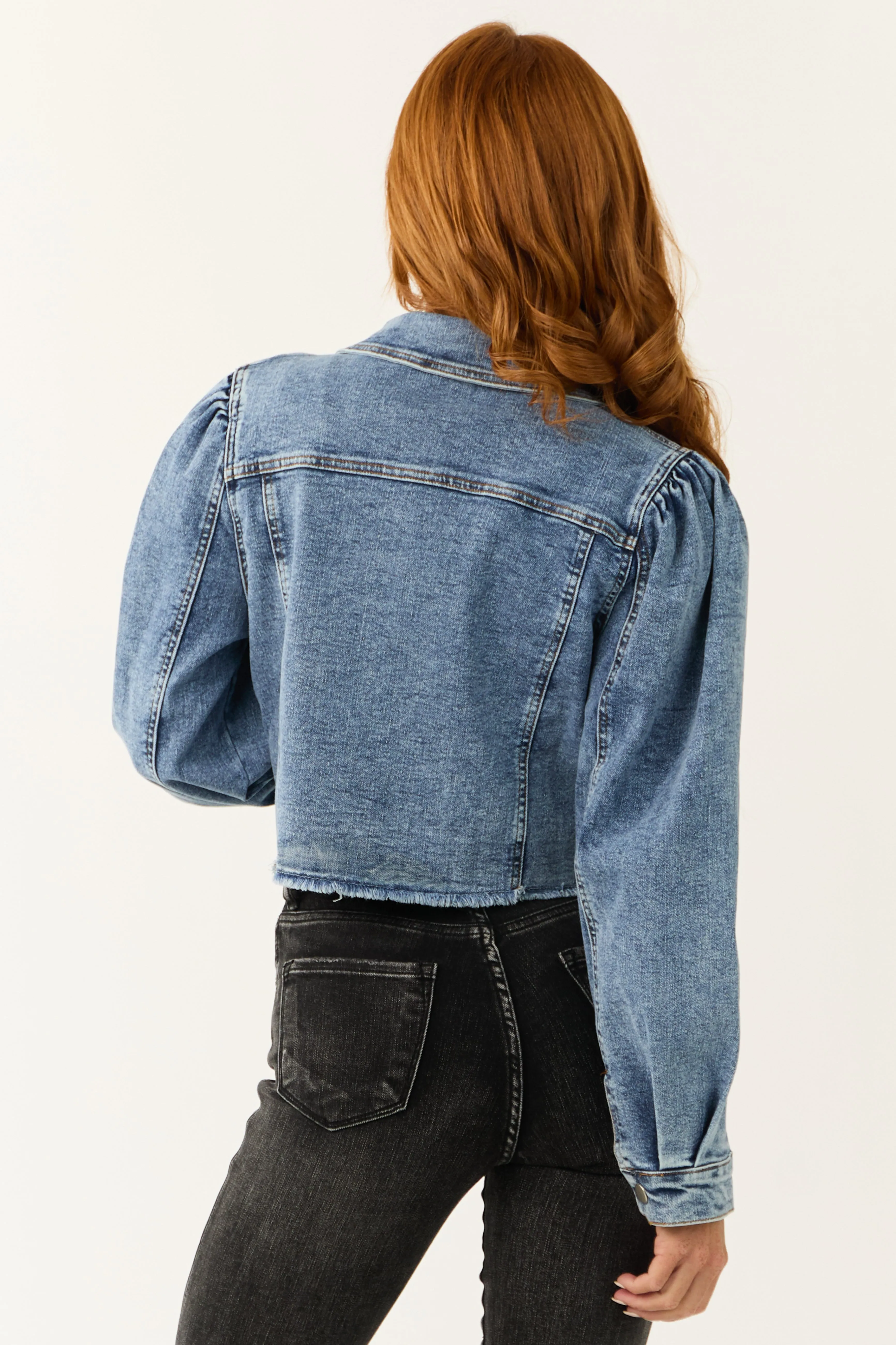 Medium Wash Denim Button Down Raw Hem Jacket sold by Lime Lush product image thumbnail 5