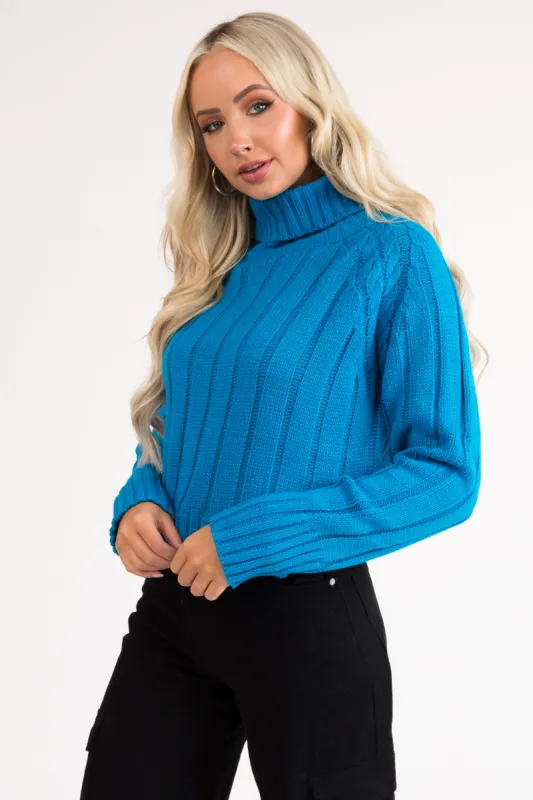 Azure Cropped Ribbed Cable Knit Sweater sold by Lime Lush