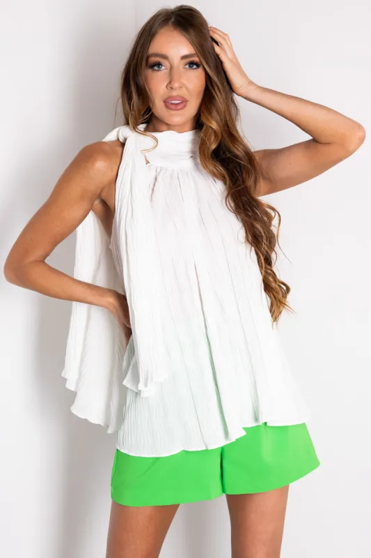 Off White Sleeveless Neck Tie Pleated Blouse sold by Lime Lush