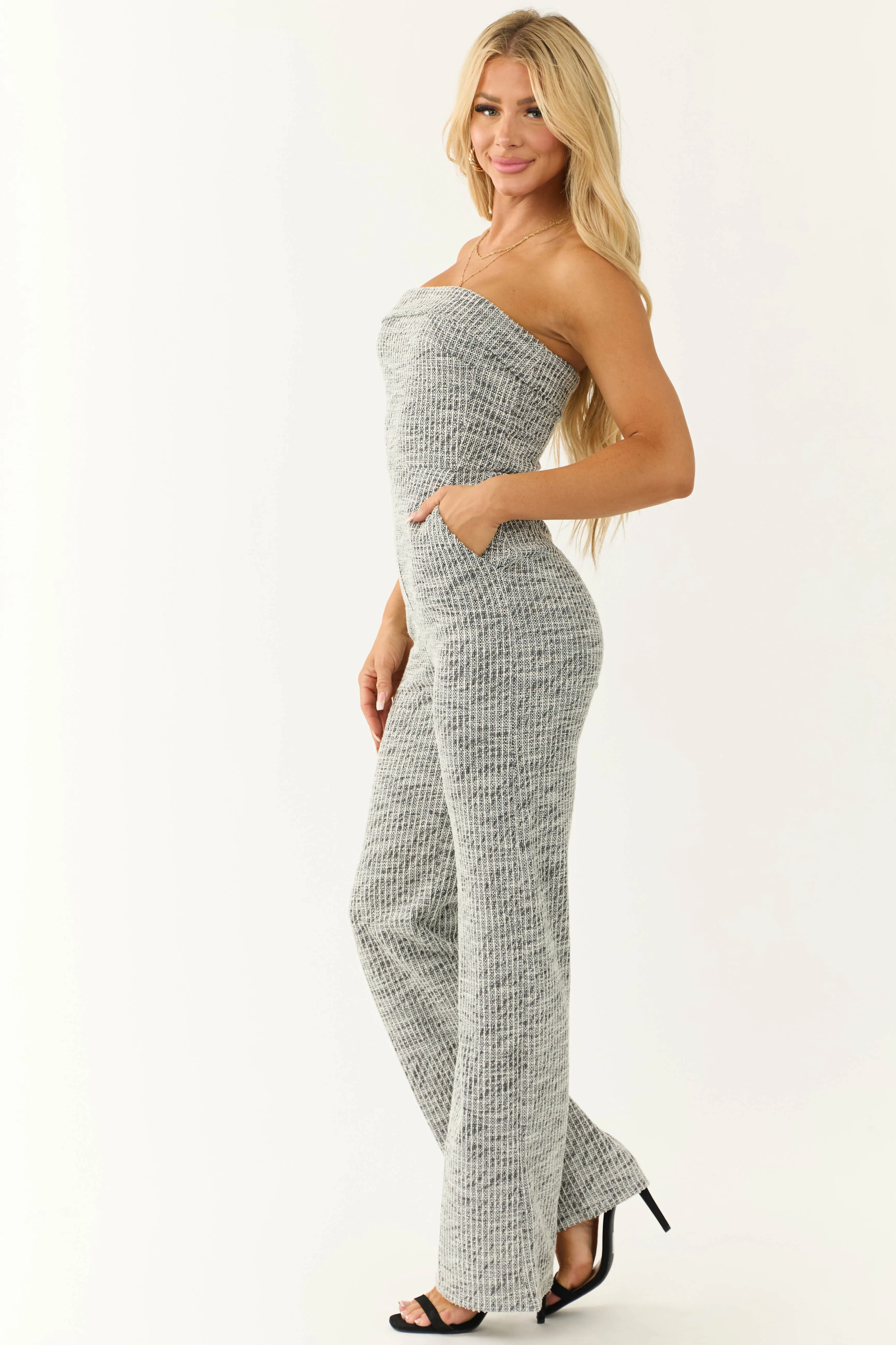 Two Tone Stone Grey Tweed Strapless Jumpsuit sold by Lime Lush product image thumbnail 5
