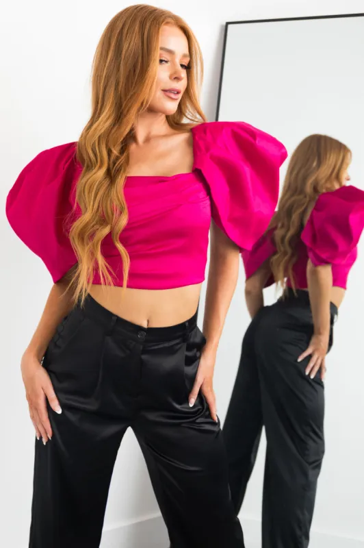 Raspberry Short Puff Sleeve Overlay Crop Top sold by Lime Lush