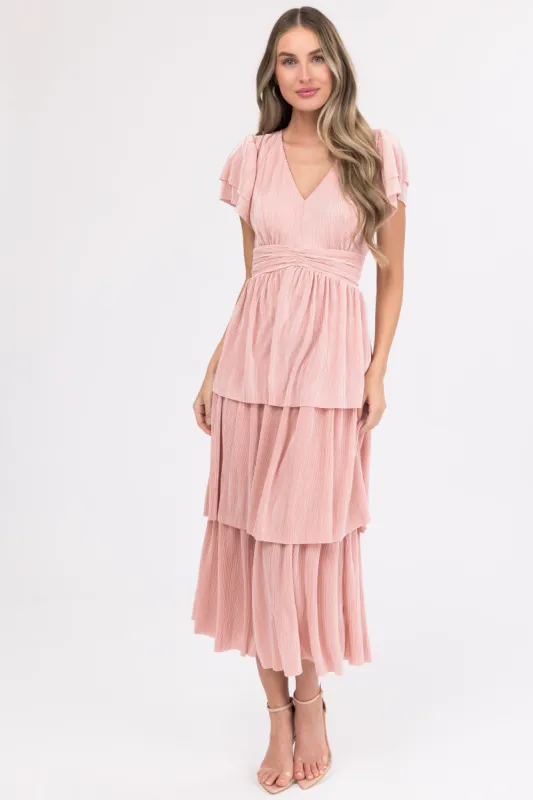 Cherry Blossom Pleated Ruffle Tiered Midi Dress sold by Lime Lush