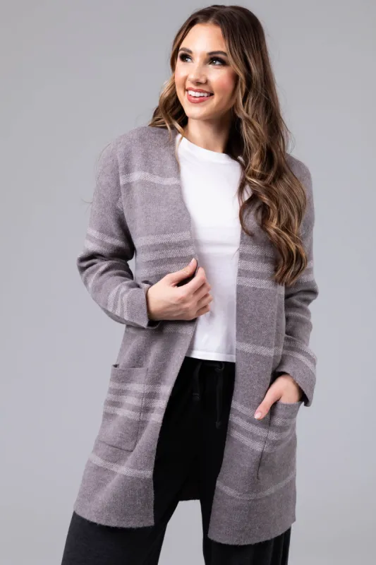Stone Striped Open Front Knit Cardigan sold by Lime Lush